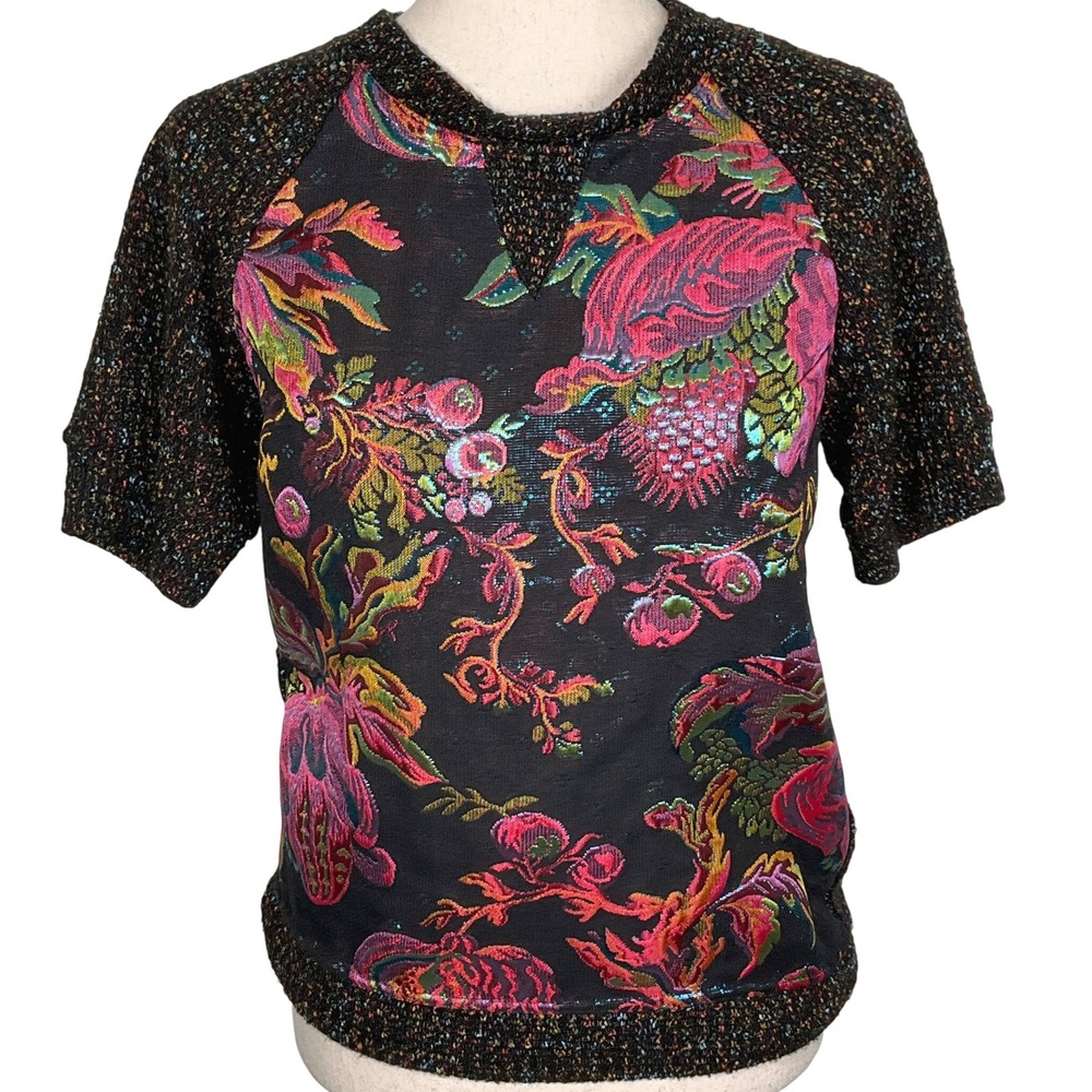 James Coviello Sweater Women S Black Multi Floral Tapestry Metal Pullover Knit